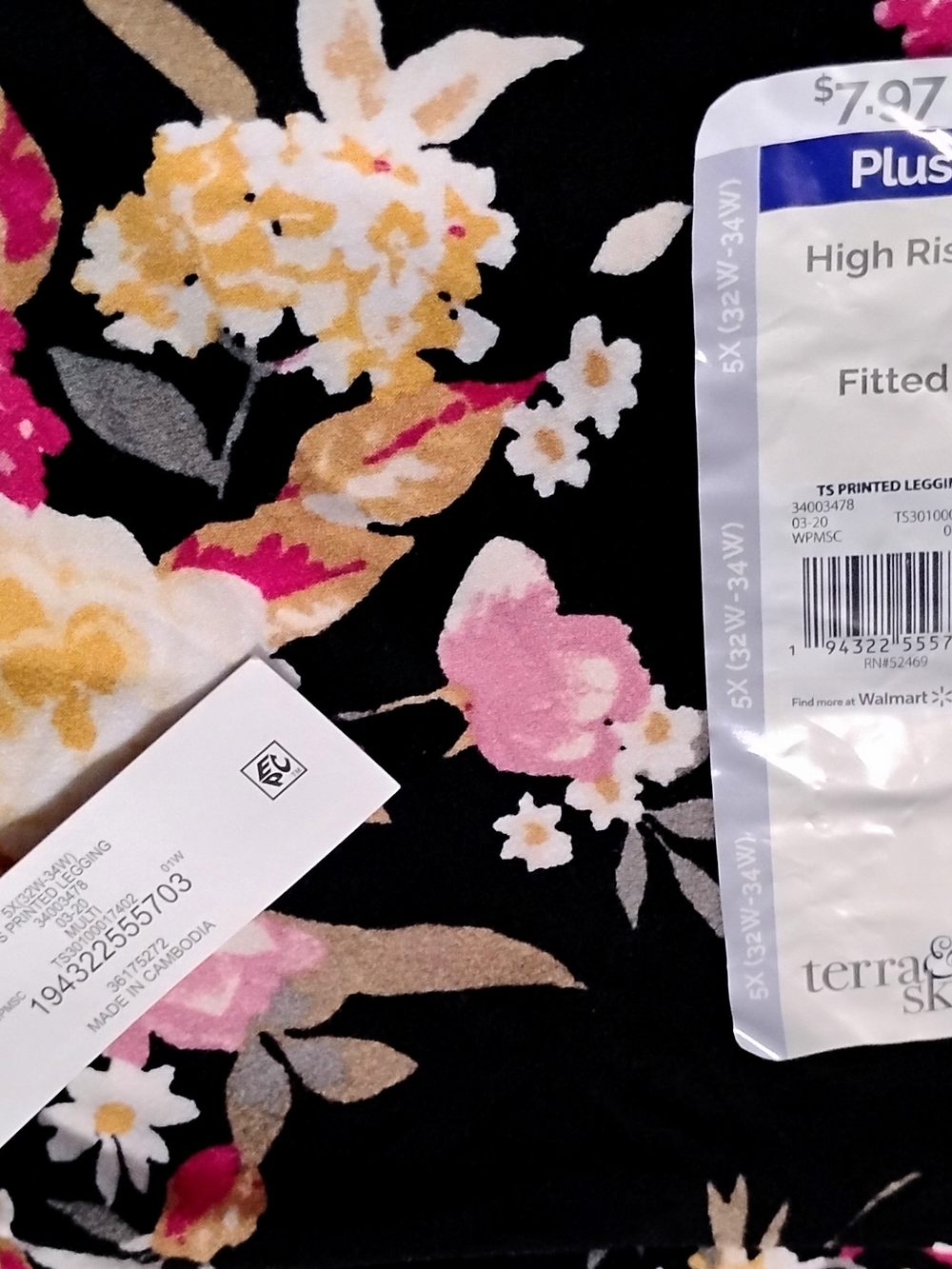 Floral High-Rise Fitted Leggings in Black with Pink & Gold Bloom